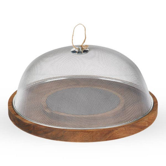 Twine - 12.5" Acacia & Slate Cheese Board w/ Metal Mesh Dome Cover